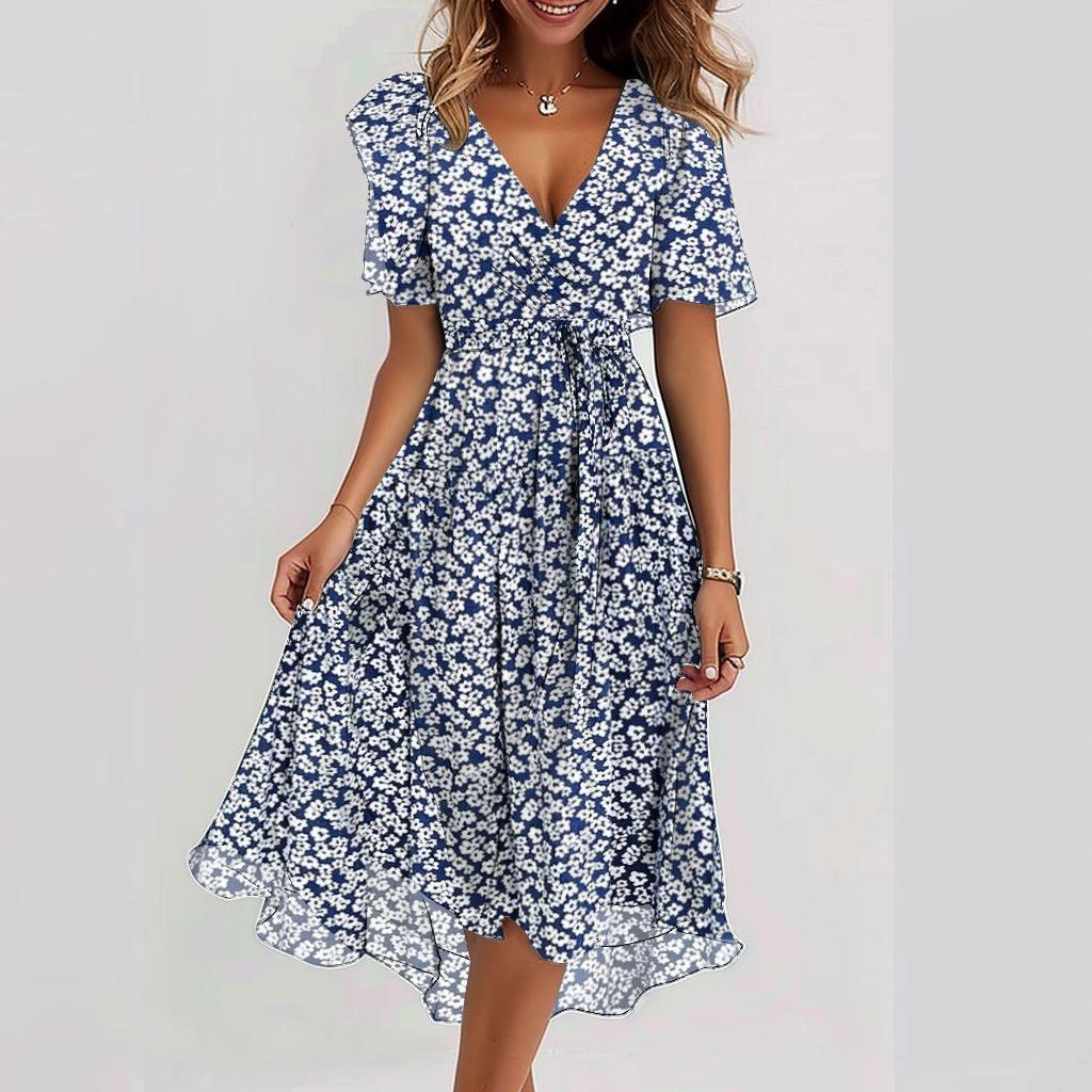 Women's Dress - Flowy Midi Wrap Dress - Short Sleeves - V-Neckline - Floral Print