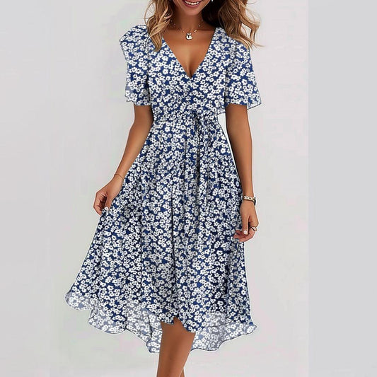 Women's Dress - Flowy Midi Wrap Dress - Short Sleeves - V-Neckline - Floral Print