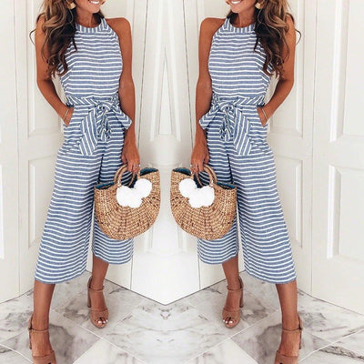 Women's Jumpsuit – Sleeveless Striped Design – Waist Tie – Wide Leg