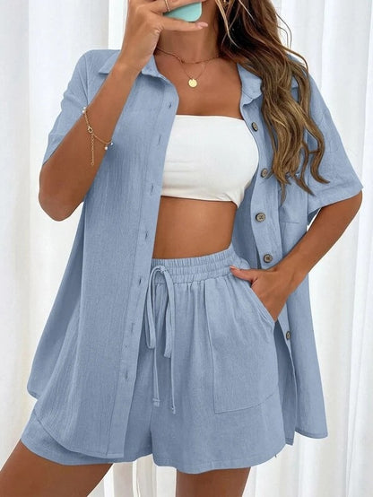 Women's Casual Two-Piece Set: Breathable Short Sleeve Blouse & Drawstring Shorts Outfit
