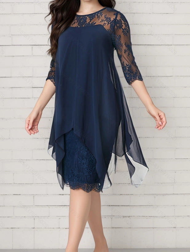 Women’s Chiffon Dress – A-Line Relaxed Fit – Lace Sleeves – Layered Midi Length