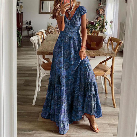 Women's Maxi Dress - V-Neck - Shirred Waist - Casual Fit - Boho Print