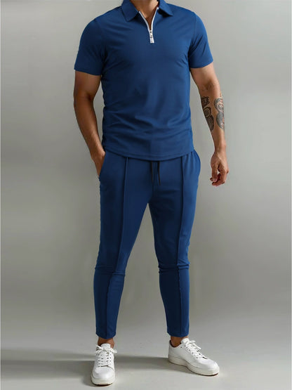 Men's Polo Shirt & Track Trousers - Zip Neck - Short Sleeve - Elastic Waist - Casual Fit