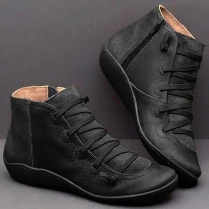 Women’s Ankle Boots – Leather – Lace-Up Front – Side Zipper – Snug Fit – Contrast Panels