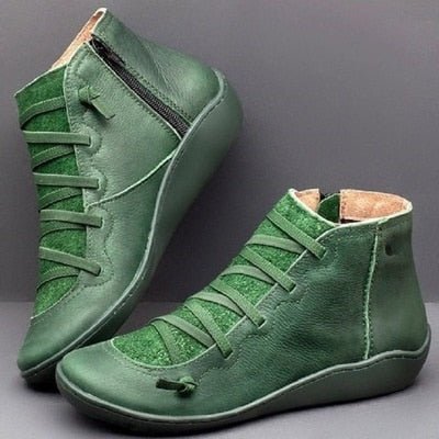 Women’s Ankle Boots – Leather – Lace-Up Front – Side Zipper – Snug Fit – Contrast Panels