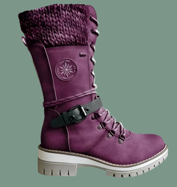 Women’s Mid-Calf Boots – Leather-Like – Lace-Up Zip – Knit Trim – Non-Slip Sole