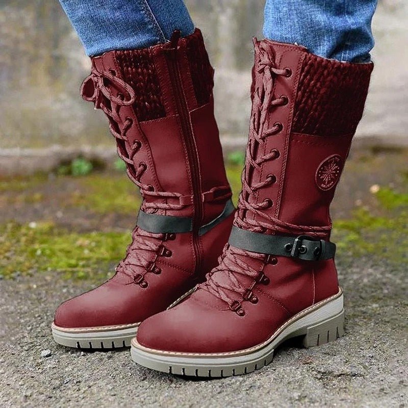 Women’s Mid-Calf Boots – Leather-Like – Lace-Up Zip – Knit Trim – Non-Slip Sole