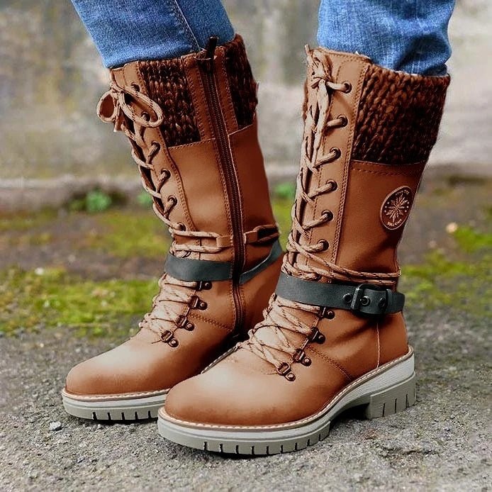 Women’s Mid-Calf Boots – Leather-Like – Lace-Up Zip – Knit Trim – Non-Slip Sole