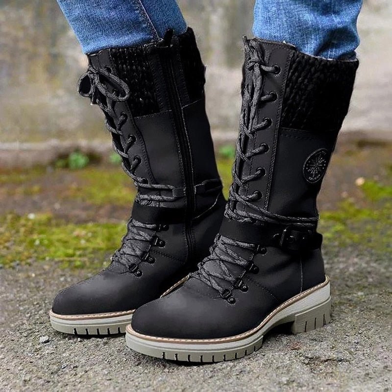 Women’s Mid-Calf Boots – Leather-Like – Lace-Up Zip – Knit Trim – Non-Slip Sole