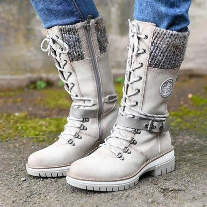 Women’s Mid-Calf Boots – Leather-Like – Lace-Up Zip – Knit Trim – Non-Slip Sole
