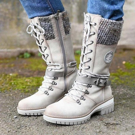 Women’s Mid-Calf Boots – Leather-Like – Lace-Up Zip – Knit Trim – Non-Slip Sole