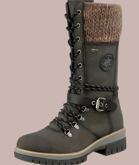 Women’s Mid-Calf Boots – Leather-Like – Lace-Up Zip – Knit Trim – Non-Slip Sole