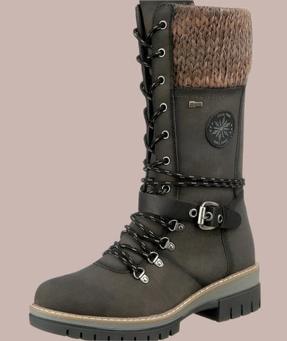 Women’s Mid-Calf Boots – Leather-Like – Lace-Up Zip – Knit Trim – Non-Slip Sole