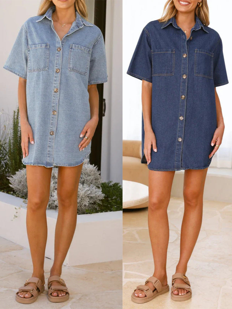 Women’s Shirt Dress – Denim Fabric – Oversized Fit – Button-Down – Short Sleeve