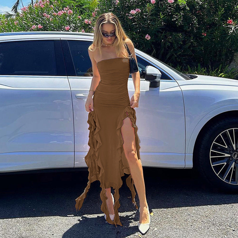 Women’s Strapless Ruffle Maxi Dress – High Slit Party Dress