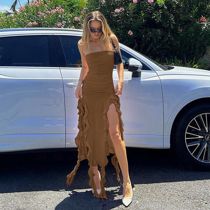 Women’s Strapless Ruffle Maxi Dress – High Slit Party Dress