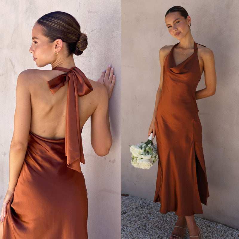 Women’s Halter Neck Dress – Cowl Front – Backless Slip Dress – Side Slit – Satin Feel