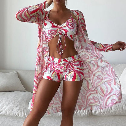 Women’s Bikini Set – V-Neck Tie Top – High-Waisted Bottom – Sheer Cover-Up