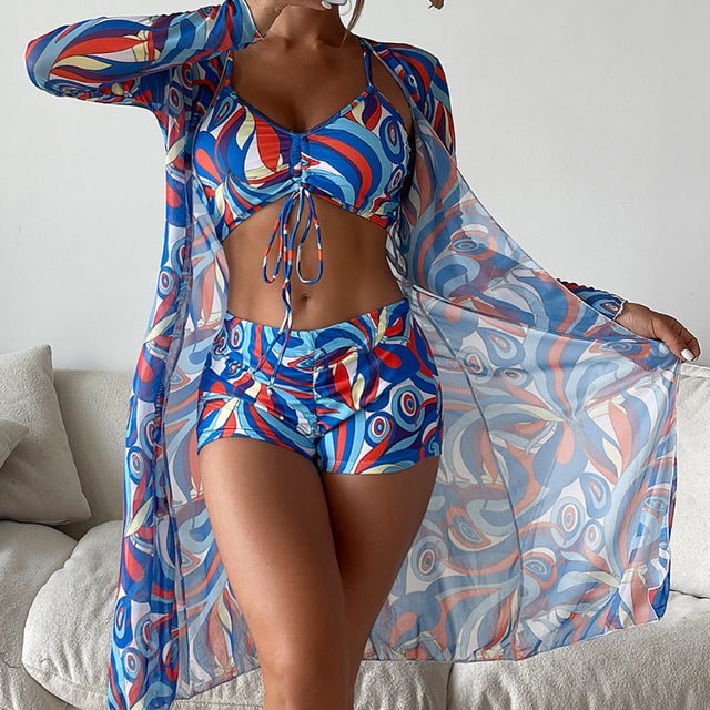 Women’s Bikini Set – V-Neck Tie Top – High-Waisted Bottom – Sheer Cover-Up