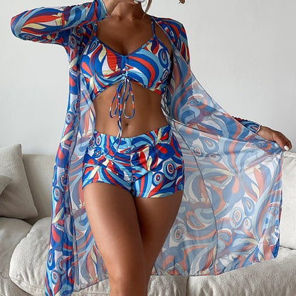Women’s Bikini Set – V-Neck Tie Top – High-Waisted Bottom – Sheer Cover-Up