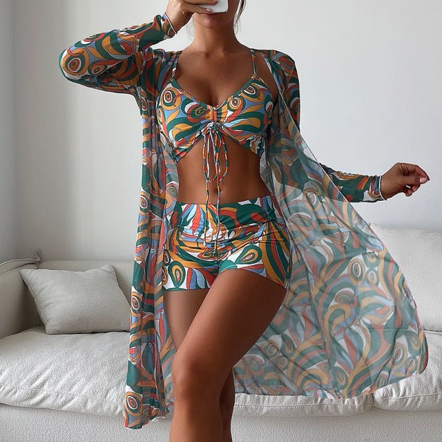 Women’s Bikini Set – V-Neck Tie Top – High-Waisted Bottom – Sheer Cover-Up