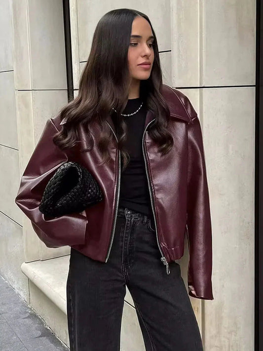 Women’s Leather Jacket – Relaxed Fit – Zip Closure – Structured Collar – Hip Length