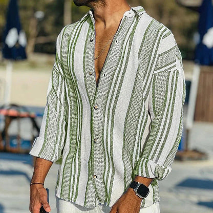 Men’s Casual Shirt – Relaxed Fit – Vertical Stripes – Natural Fibers – Button Front
