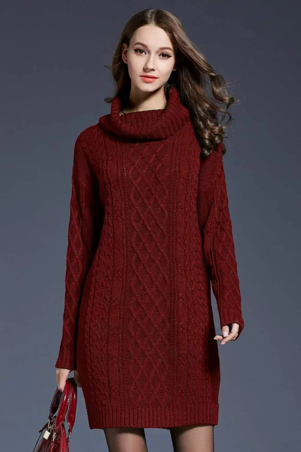 Women's Cable Knit Sweater Dress - Wool Blend - Cowl Neck - Long Sleeve - Relaxed Fit