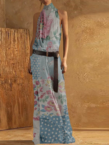 Women’s Maxi Tank Dress – High Neck – Sleeveless – Waist Belt – Flowing Fit – Breathable Blend