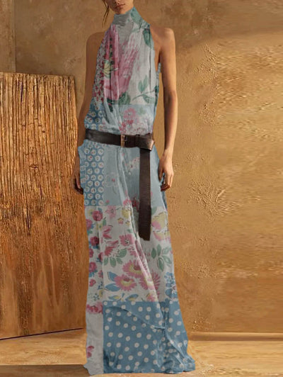 Women’s Maxi Tank Dress – High Neck – Sleeveless – Waist Belt – Flowing Fit – Breathable Blend
