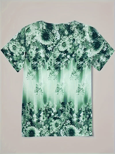 Women's Blouse - Floral Pattern - V-Neck with Button Detail - Short Sleeve Relaxed Fit