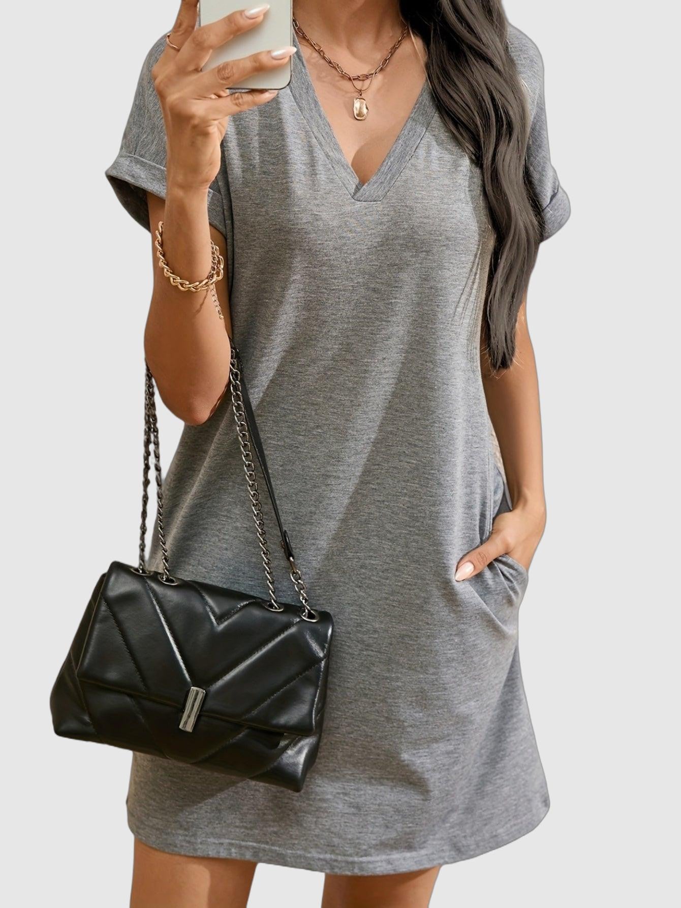 Elegant V-Neck Short Sleeve Dress with Pockets - Lightweight Casual Spring/Summer Style