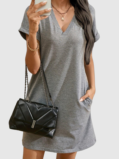 Elegant V-Neck Short Sleeve Dress with Pockets - Lightweight Casual Spring/Summer Style