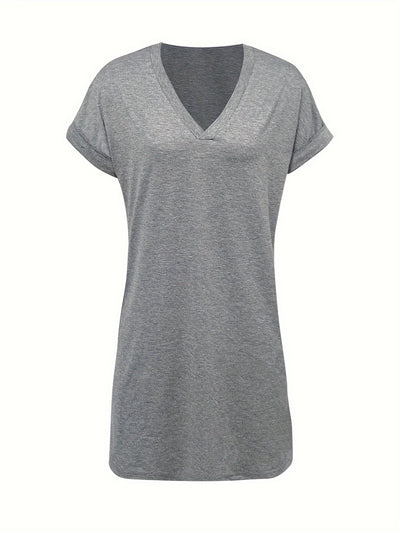Elegant V-Neck Short Sleeve Dress with Pockets - Lightweight Casual Spring/Summer Style