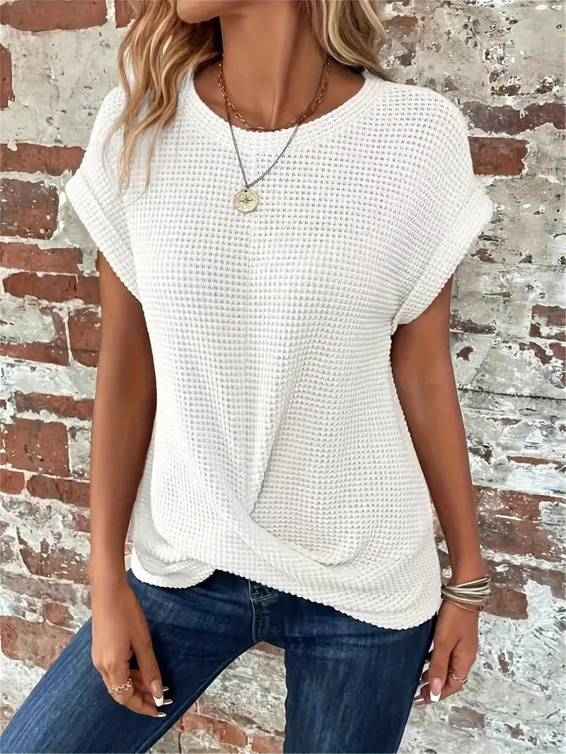 Women's Knit Top - Waffle Texture - Loose Fit - Round Neck - Breathable Casual Wear