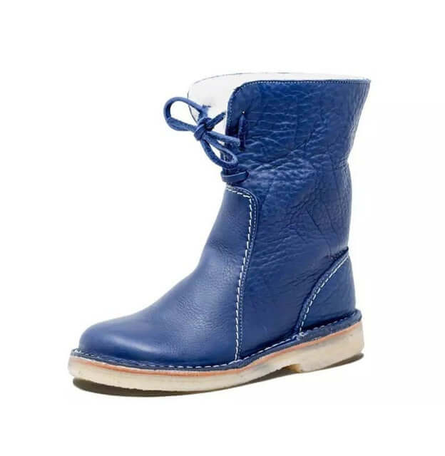 Women’s Mid-Calf Boots – Leather Look – Wool Lined – Lace Up – Rounded Toe – Stitched