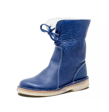 Women’s Mid-Calf Boots – Leather Look – Wool Lined – Lace Up – Rounded Toe – Stitched