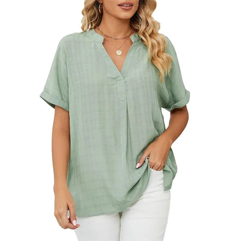 Women's Blouse - Loose Fit - V-Neck - Short Sleeve Lightweight Casual Wear