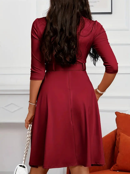 Women's Fit-and-Flare Dress - Three-Quarter Sleeves - Round Neck with Zipper - Belted Waist - Knee Length - With Pockets