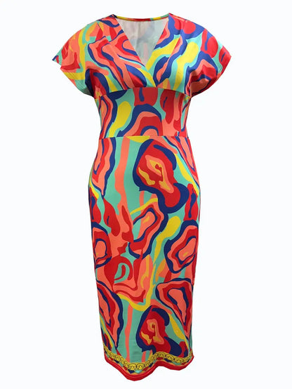Women's Bodycon Dress - Patchwork Denim - Midi Length - V-Neck Short Sleeve