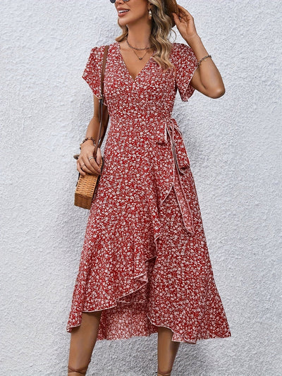 Women's Wrap Dress - Floral Print - V-Neck - Short Flutter Sleeves - Midi Length