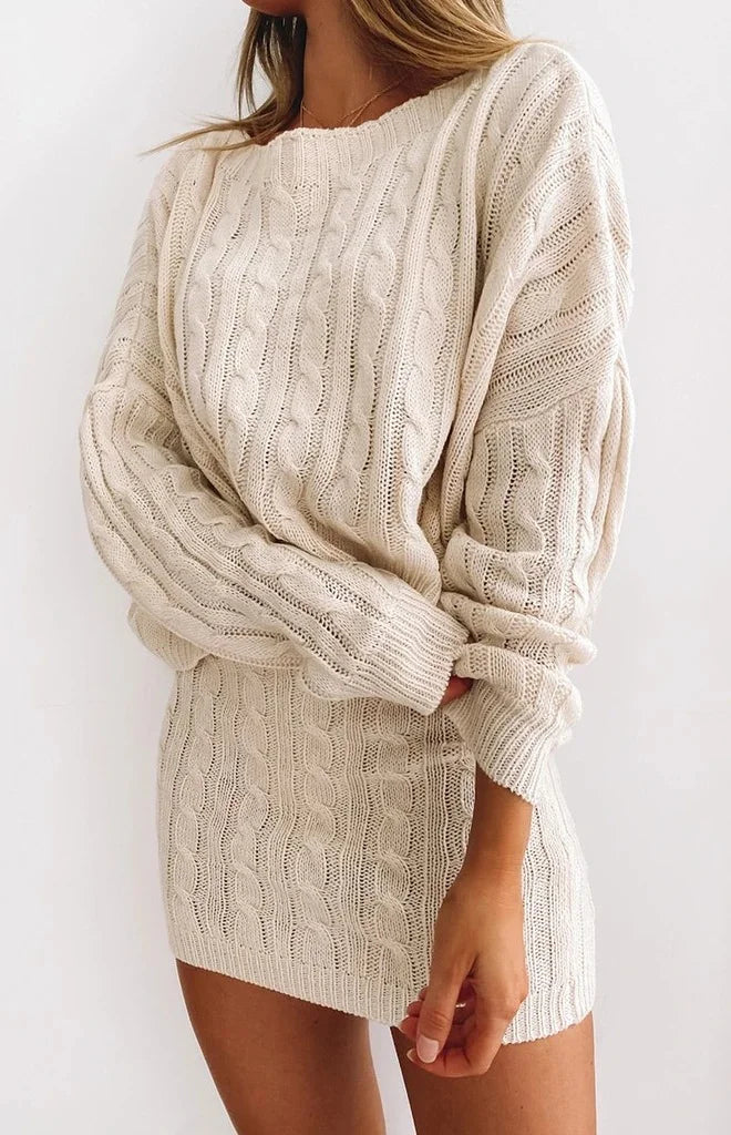 Women's Cable Knit Two-Piece Set - Crew Neck Sweater & Ribbed Waist Skirt - Cozy Fit