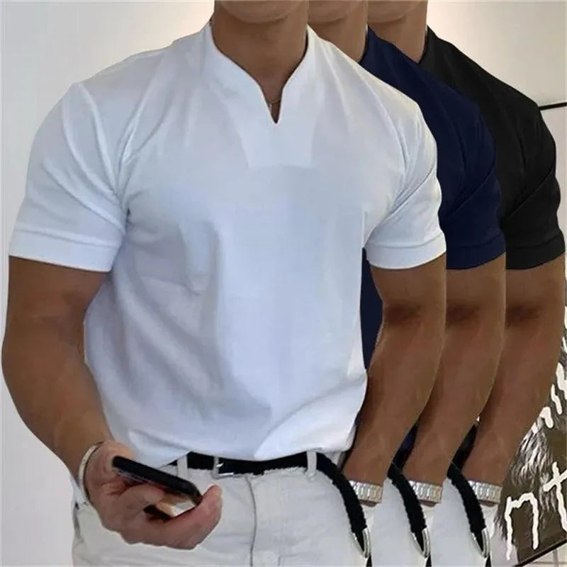 Men’s Athletic T-Shirt - Notched V-Neck - Short Sleeve - Slim Fit Casual Wear