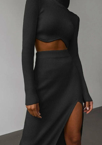 Womens High-Neck Sweater Set with Asymmetrical Cropped Top and Skirt