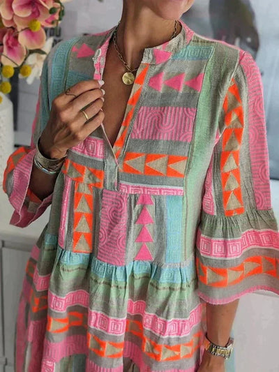 Women's Boho Midi Dress - Loose Fit - Three-Quarter Sleeve - Lightweight Geometric Design