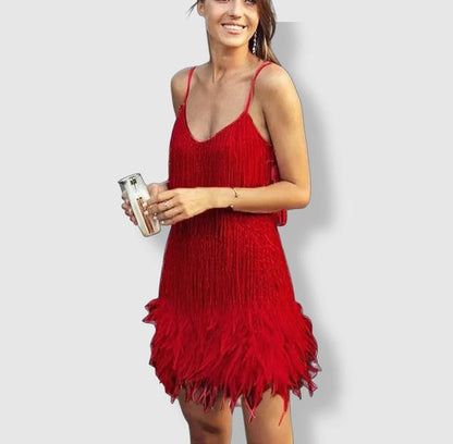 Women's Evening Dress - Fitted Silhouette - Sequin Fringe Detailing - Feather Hem