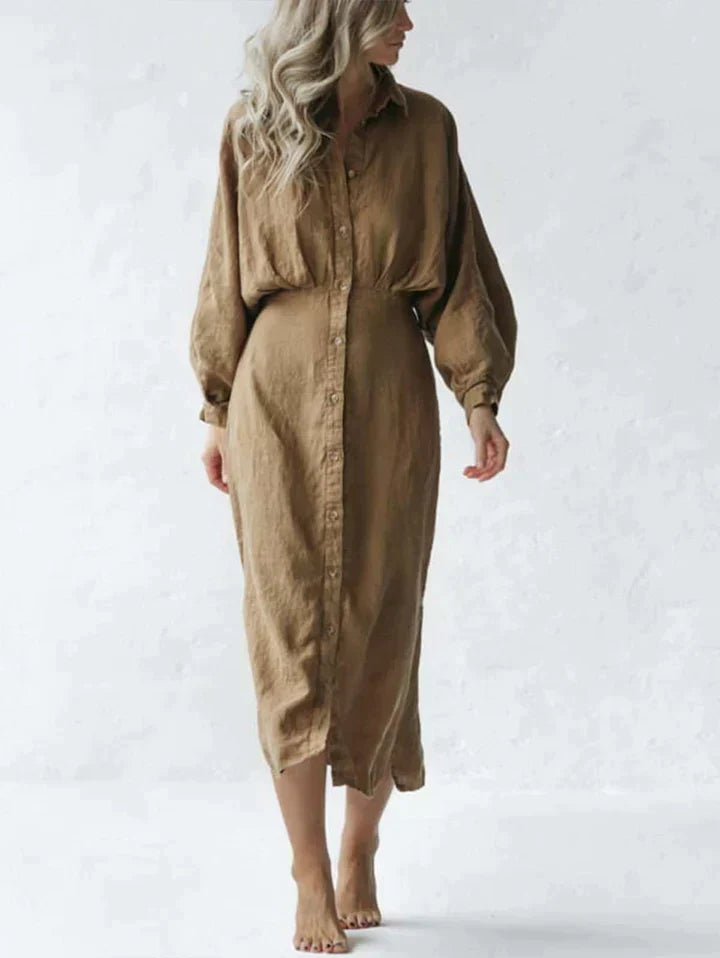 Women's Shirt Dress - Button-Down Midi - Long Sleeve Relaxed Fit