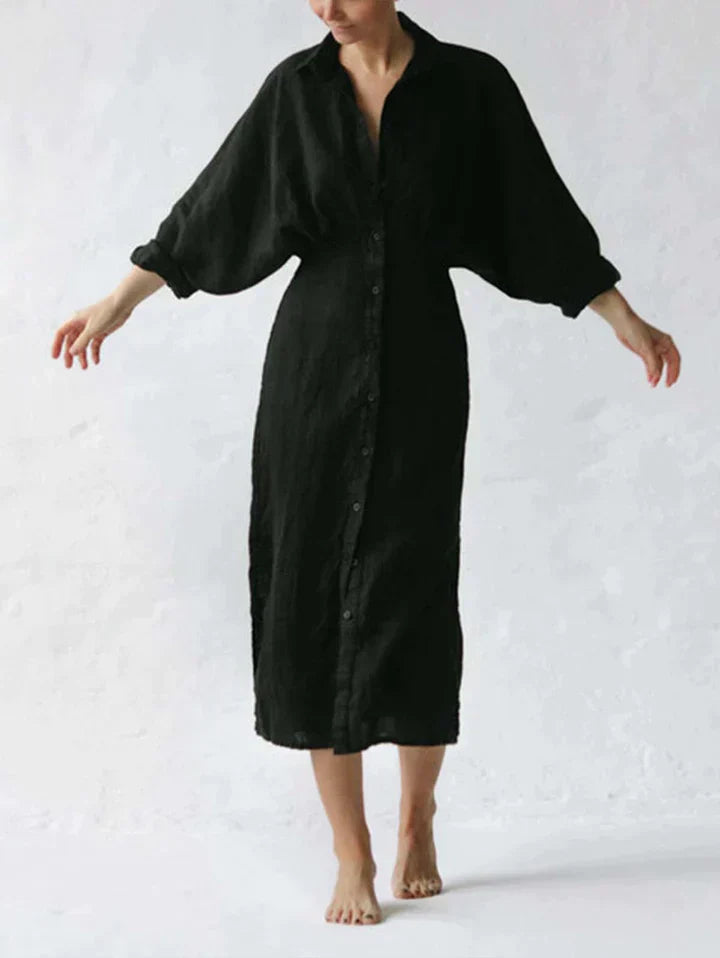 Women's Shirt Dress - Button-Down Midi - Long Sleeve Relaxed Fit