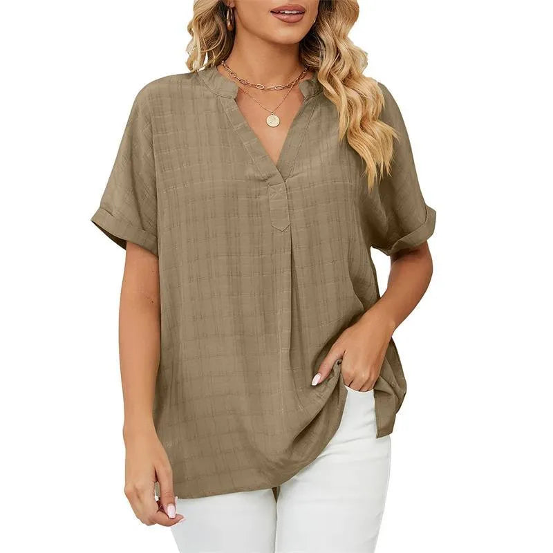 Women's Blouse - Loose Fit - V-Neck - Short Sleeve Lightweight Casual Wear