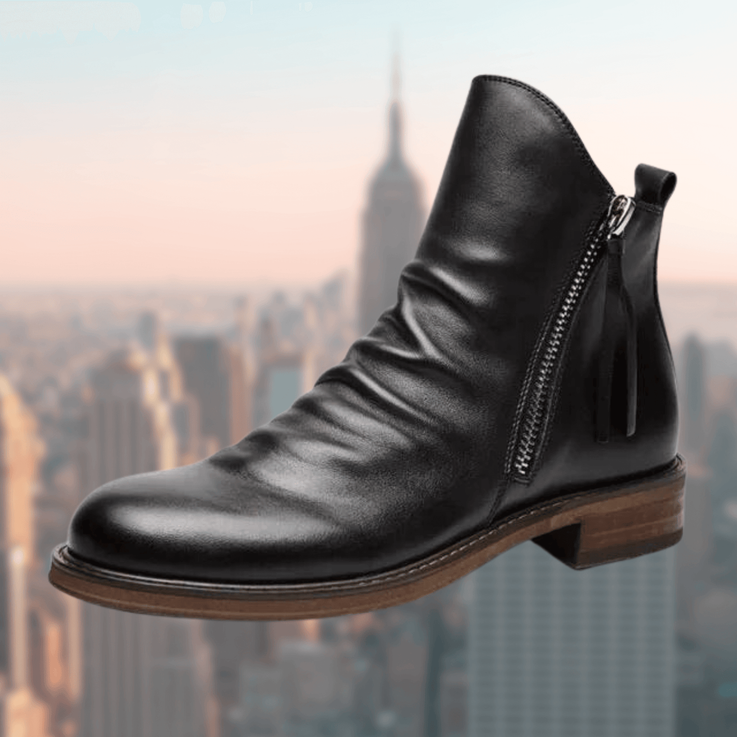 Women’s Ankle Boots – Smooth Leather – Side Zipper – Rounded Toe – Low Heel